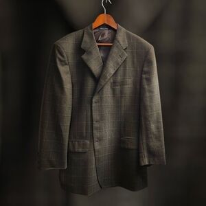 Faconnable Classic Olive Brown Plaid Wool Men's Blazer 50 Long